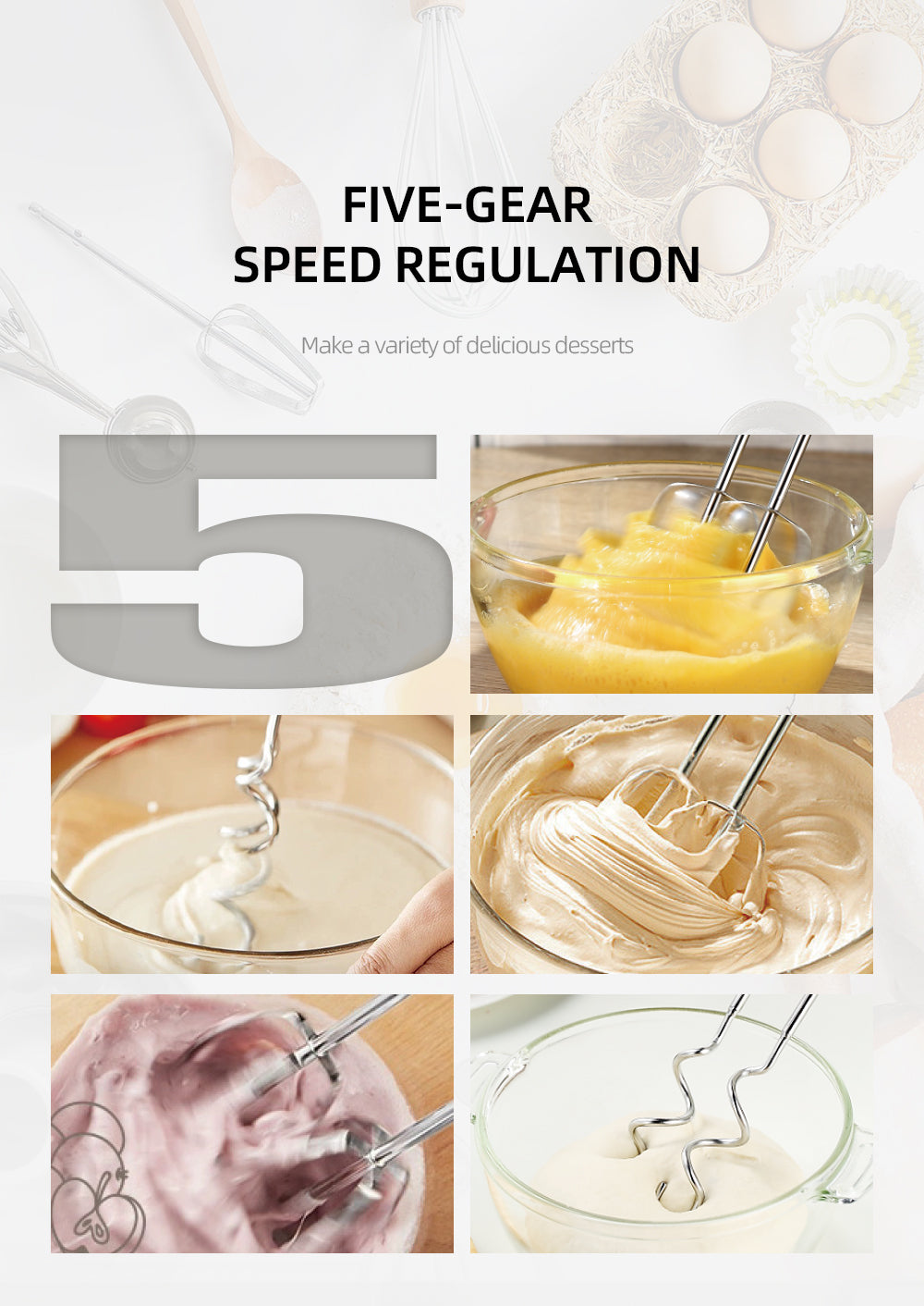 Mixer de Mână din Inox HALEY 500W – 5 Viteze, Silențios, Motor Puternic, Accesorii Incluse